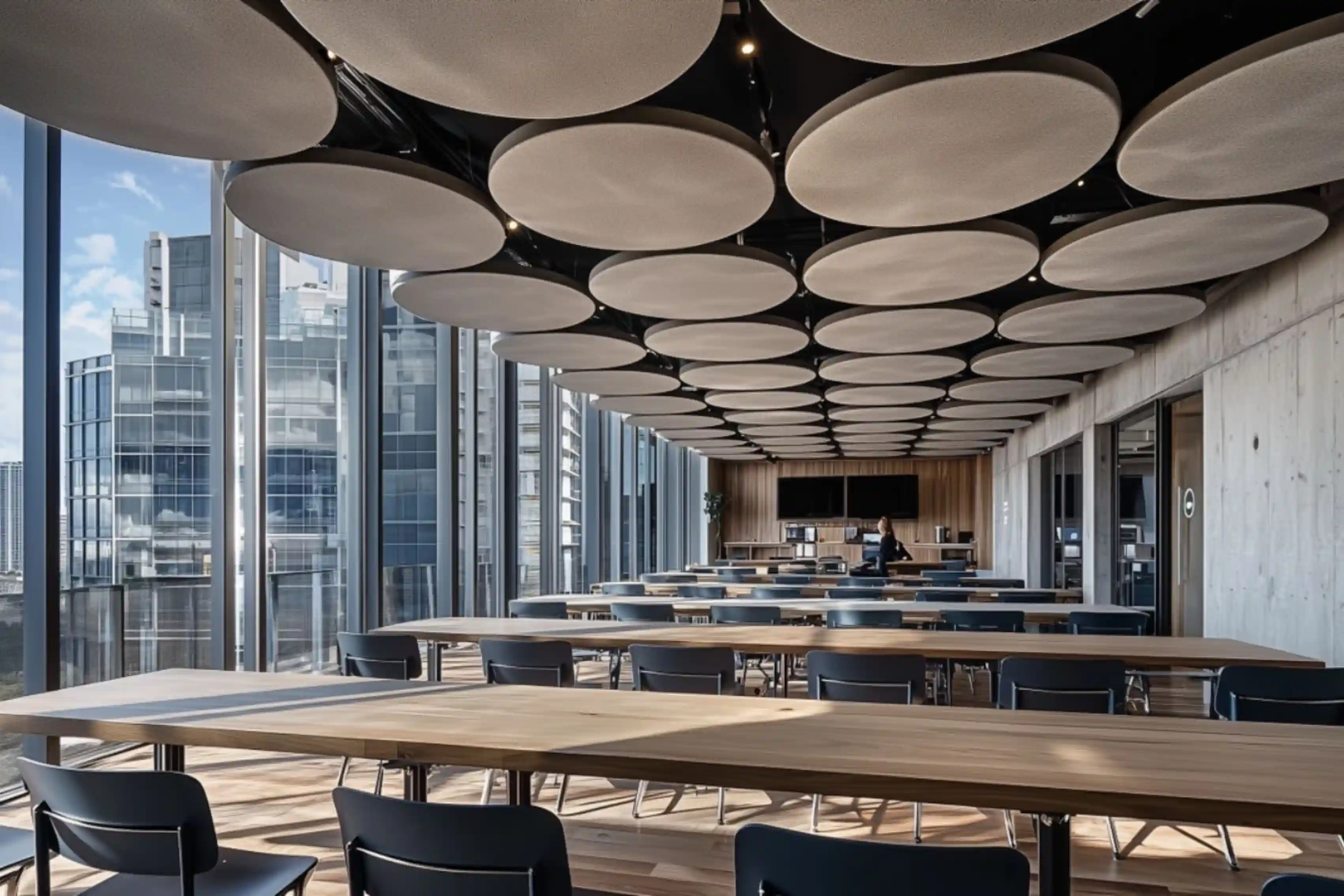 Claure Corporate Project - Corporate cafe with communal tables and modern circular ceiling light details - Ai Spaces.webp